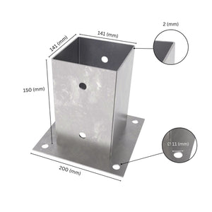 Square post base bracket with labeled dimensions showing bracket size, height, base plate width.