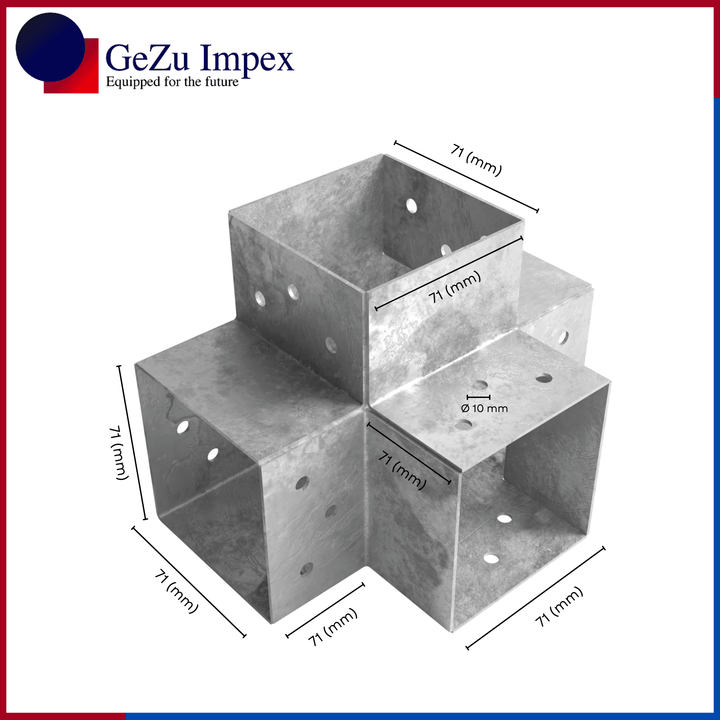4 way post connector X shaped showing labeled dimensions, bracket size, length and thickness.