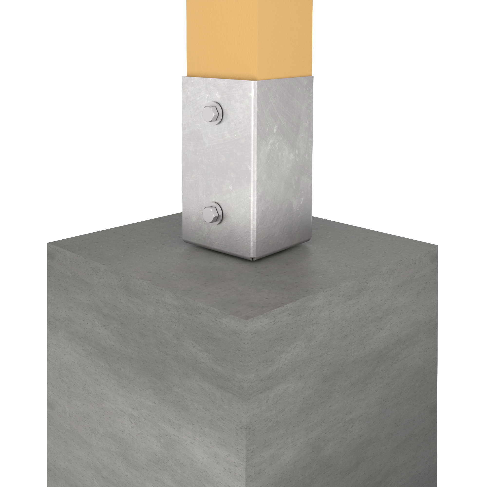 Concrete in ground sleeve post support anchoring a square wooden post to a concrete surface.