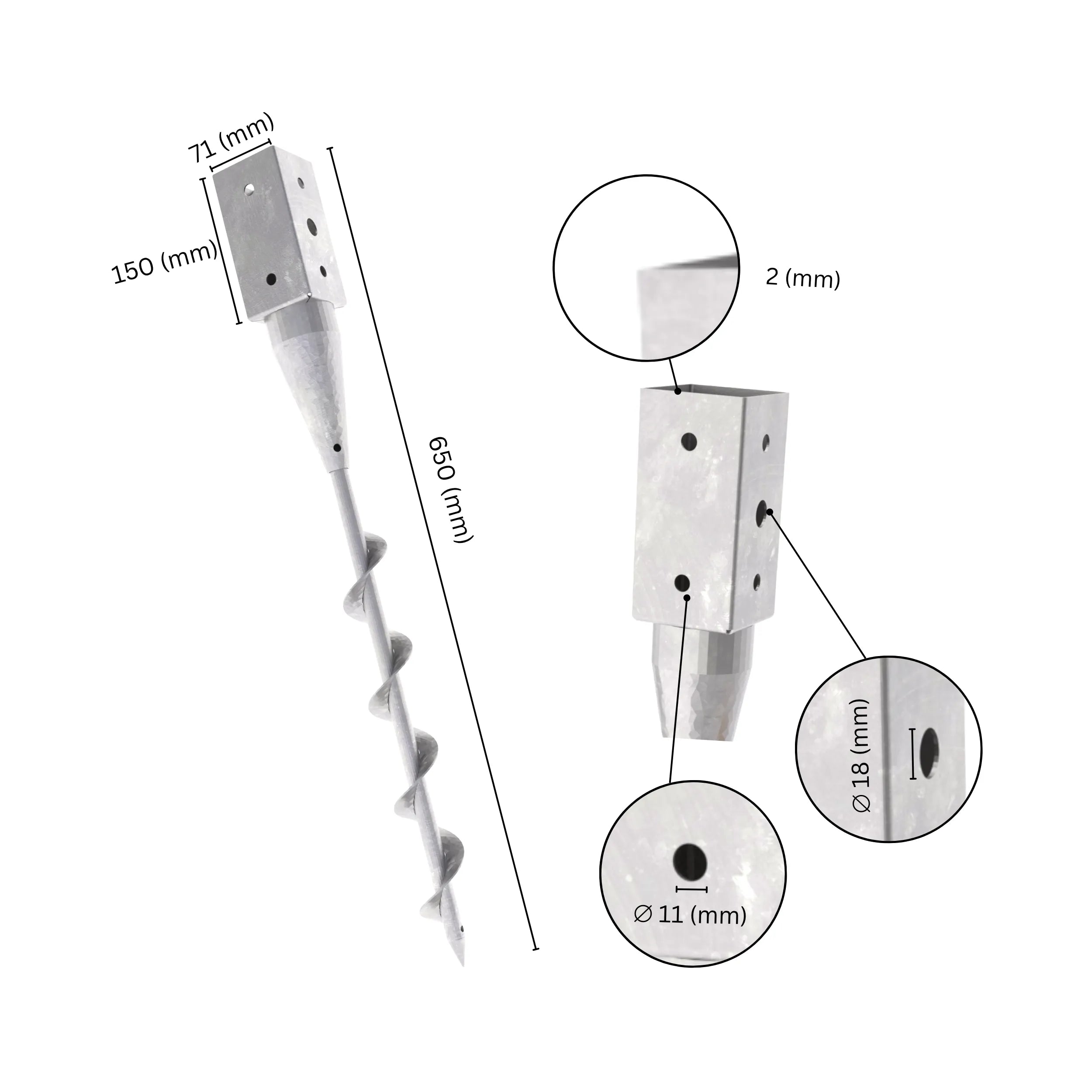 Ground screw post anchor with labeled size dimensions.
