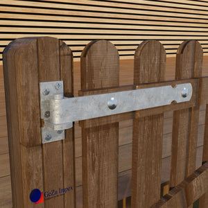 Gate band hinge attached to a wooden gate.