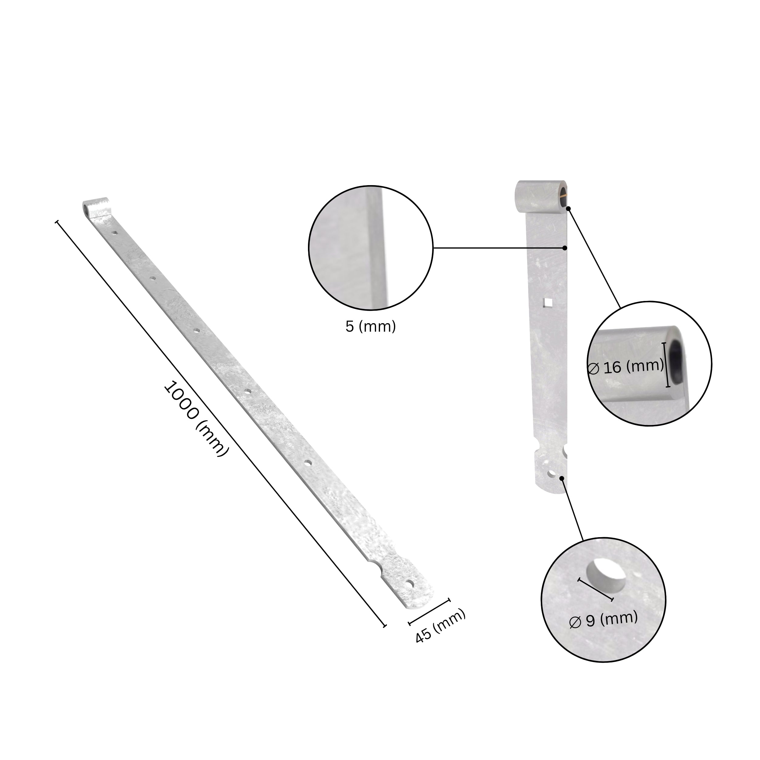 Gate band thumb hinge with labeled dimensions.