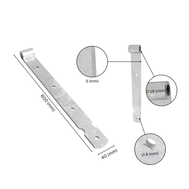 Gate band thumb hinge with labeled dimensions.
