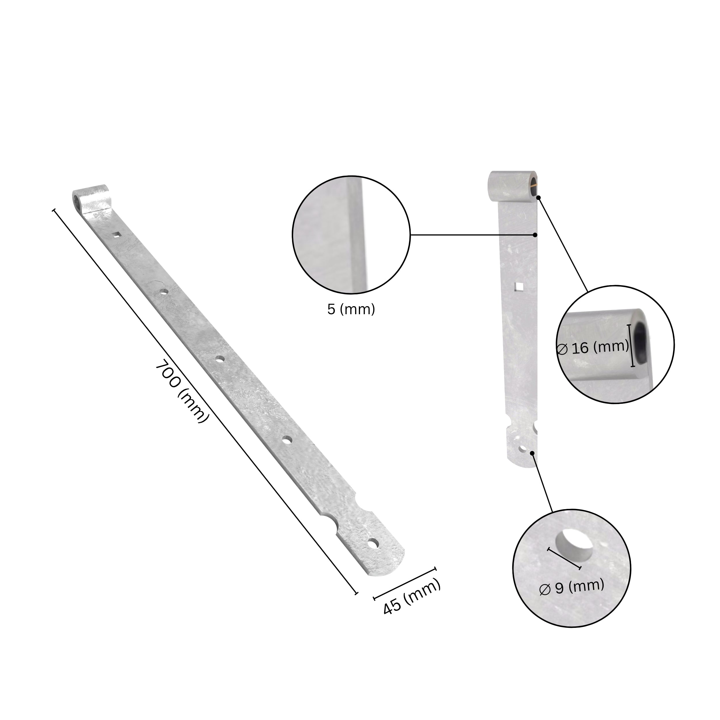 Gate band thumb hinge with labeled dimensions.