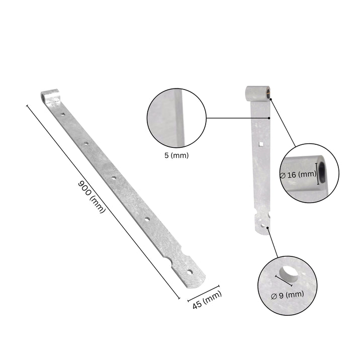Gate band thumb hinge with labeled dimensions.