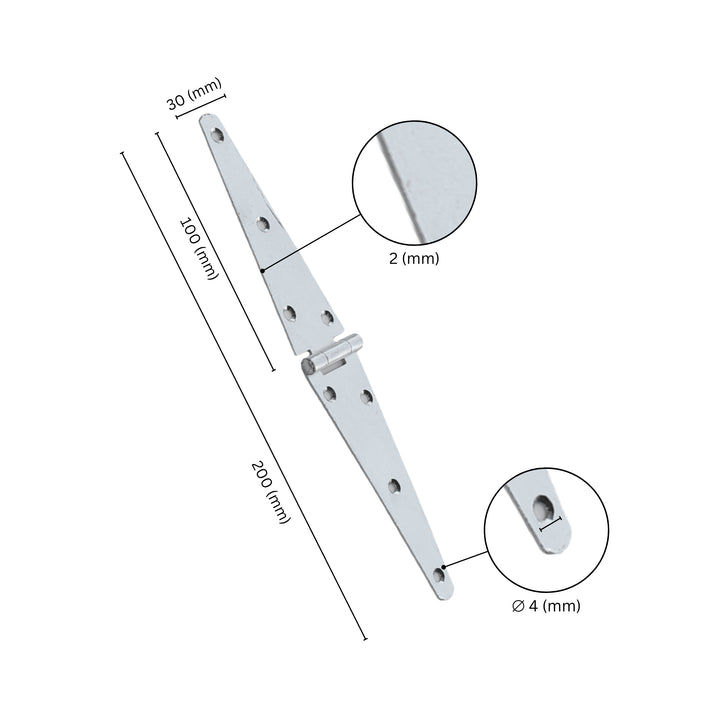 Strap hinge for door with labeled dimensions.