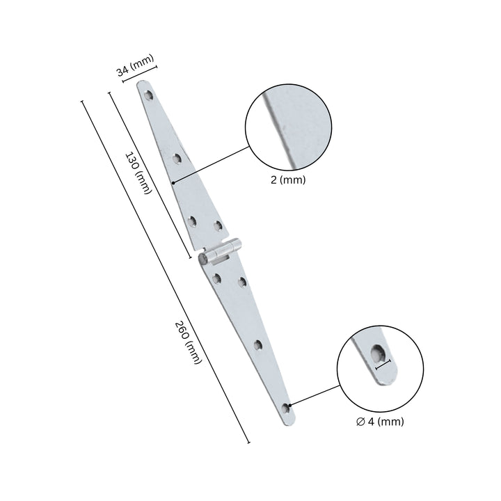Strap hinge for door with labeled dimensions.