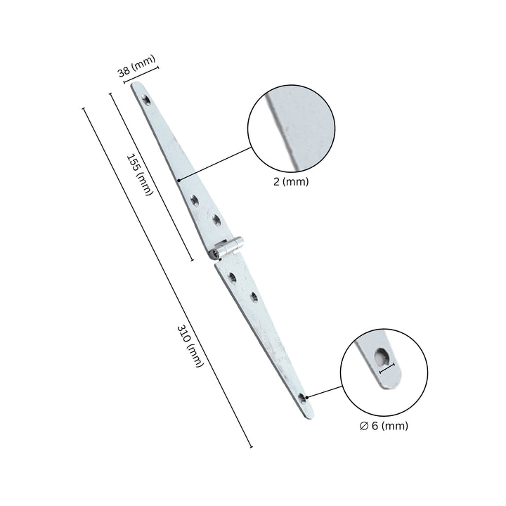 Strap hinge for door with labeled dimensions.