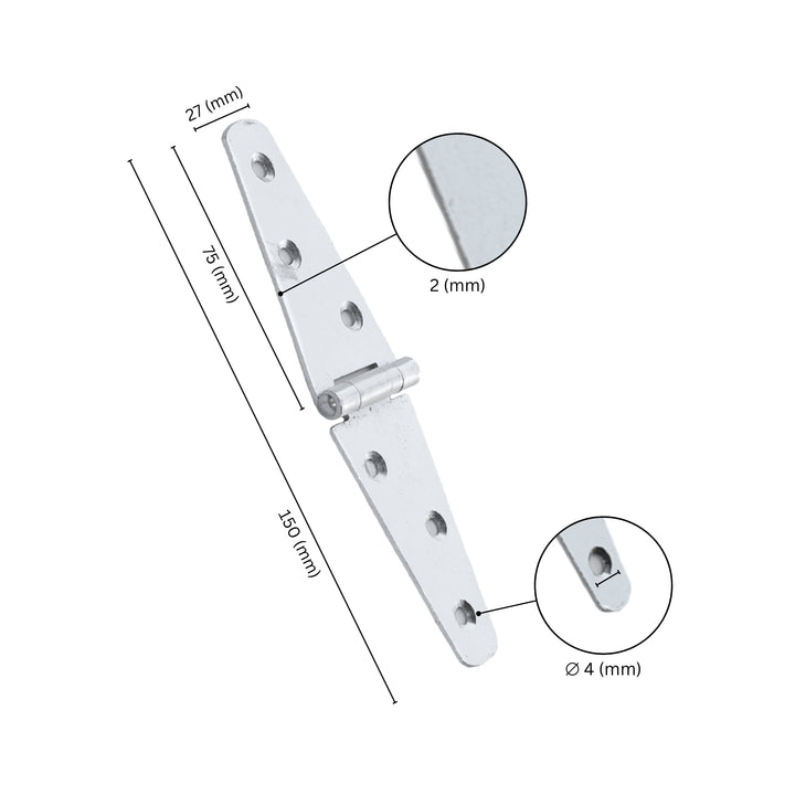 Strap hinge for door with labeled dimensions.