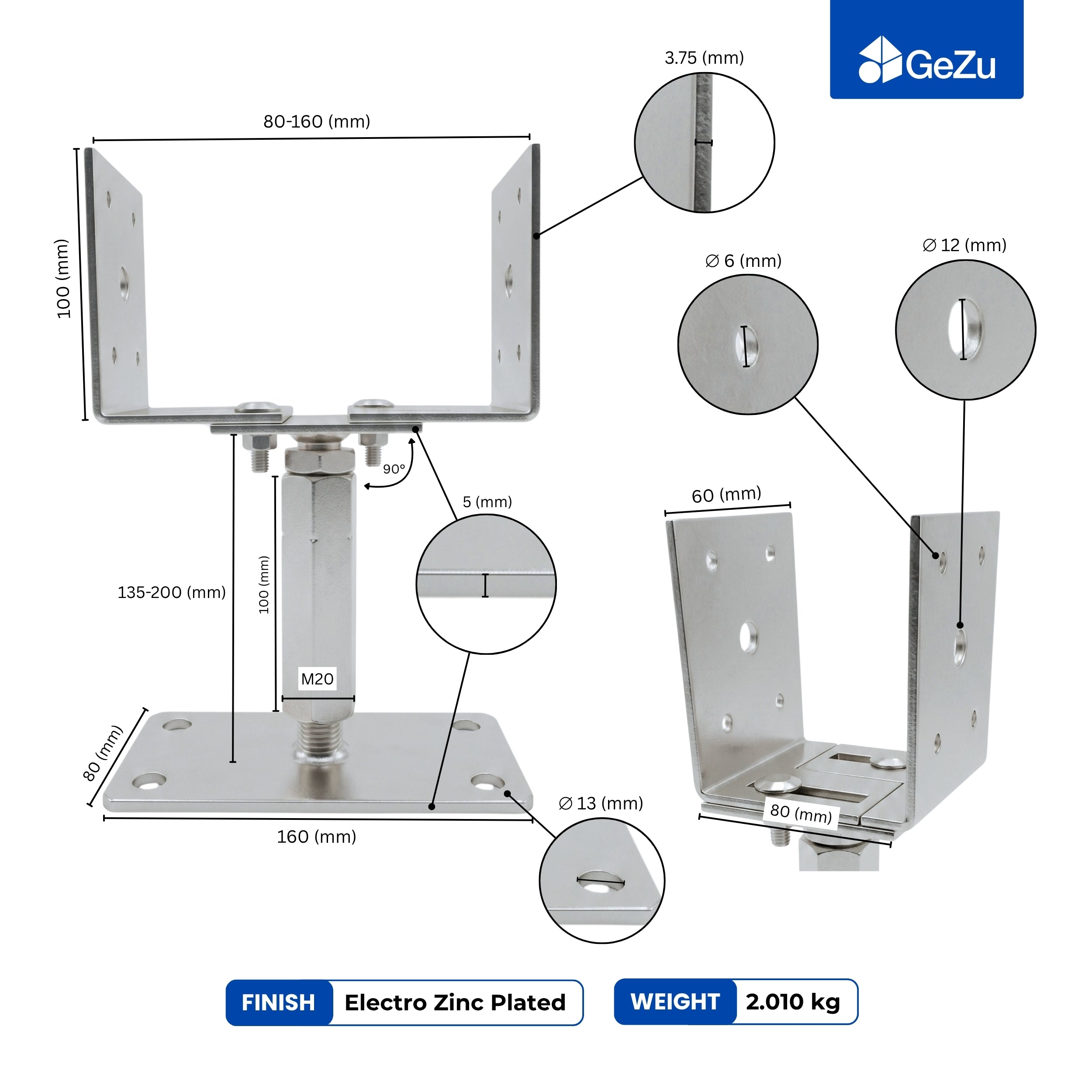 Bolt Down U Post Support Holder | Width & Hight Adjustable