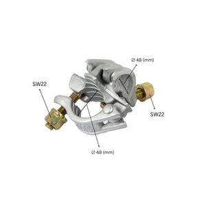 Right angle scaffold coupler clamp with labeled size dimensions.