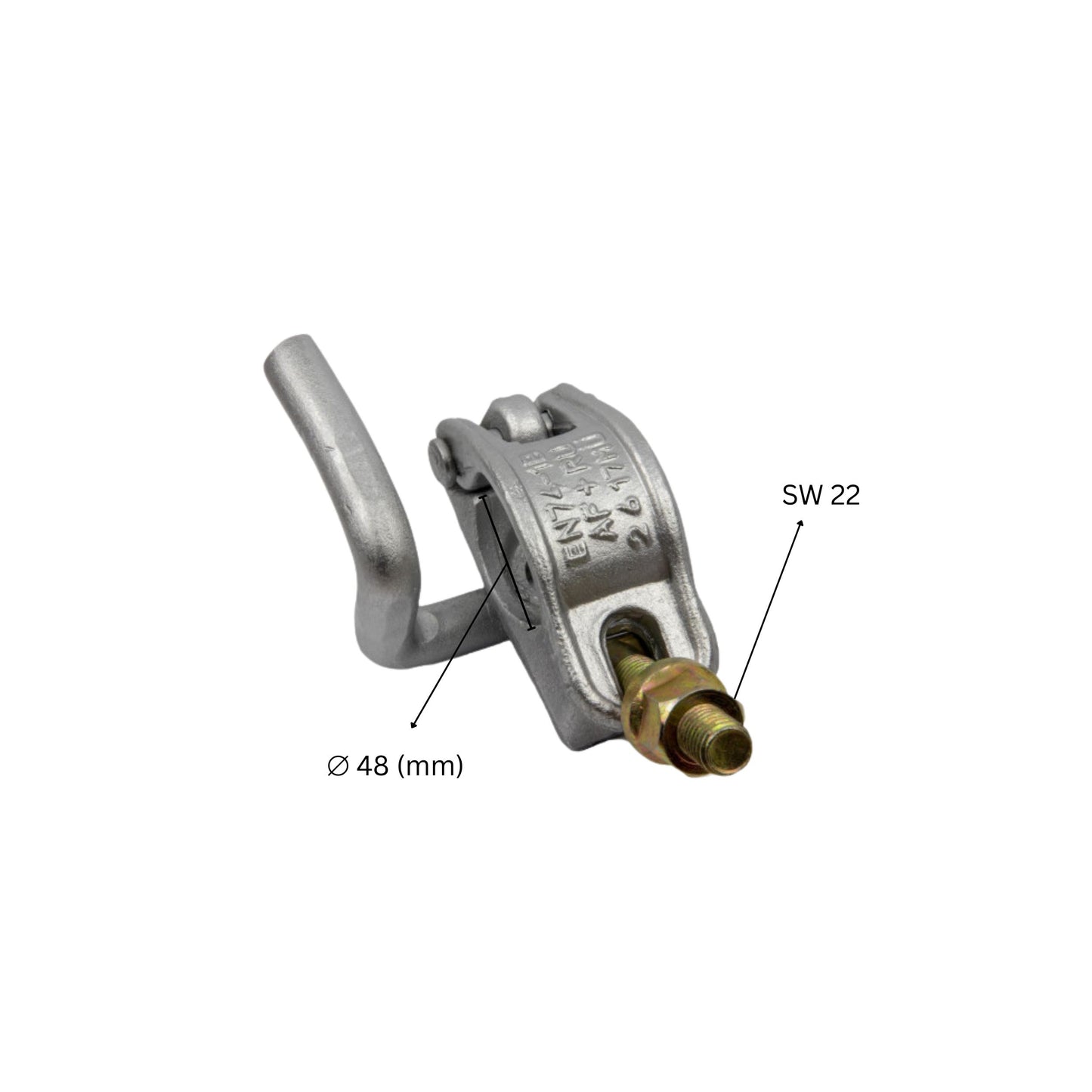 Scaffolding half coupler clamp with eye bolt hook