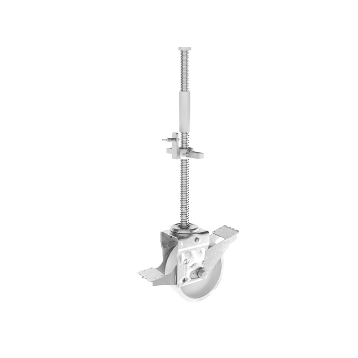 Adjustable scaffolding wheel with brakes, threaded stem and locking nut.