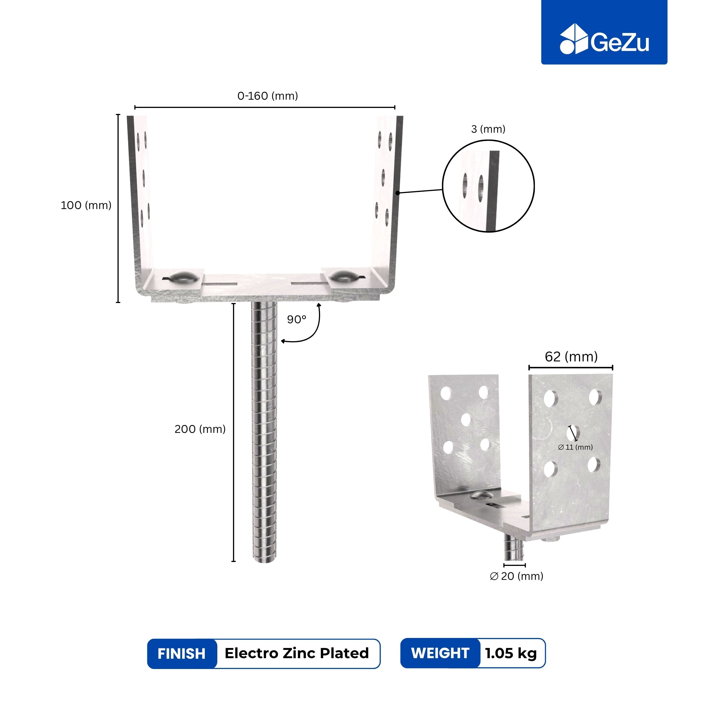 Concrete In U Post Support Holder | Width Adjustable