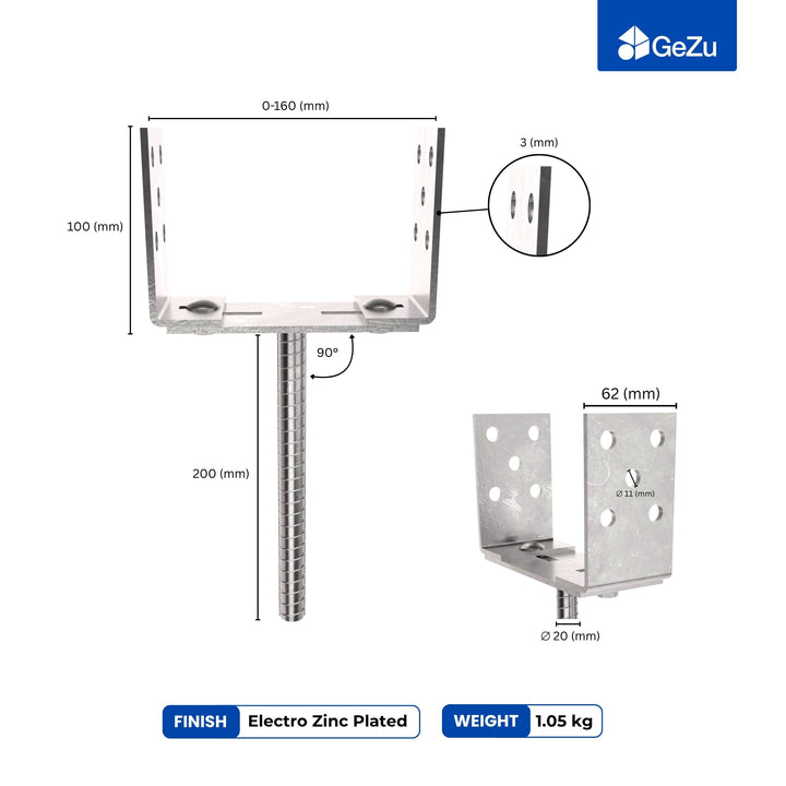 Concrete In U Post Support Holder | Width Adjustable