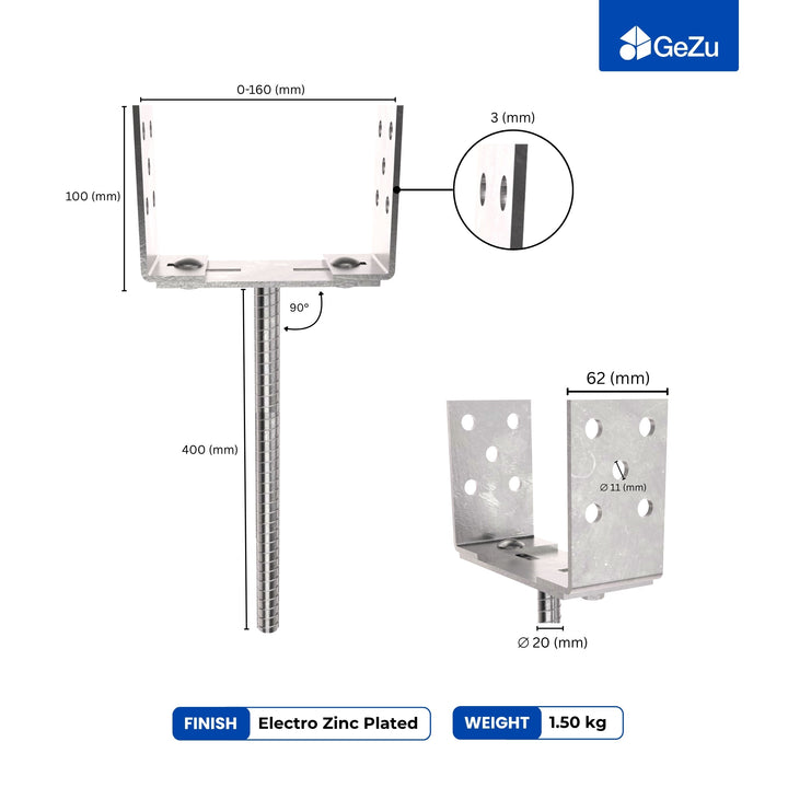 Concrete In U Post Support Holder | Width Adjustable